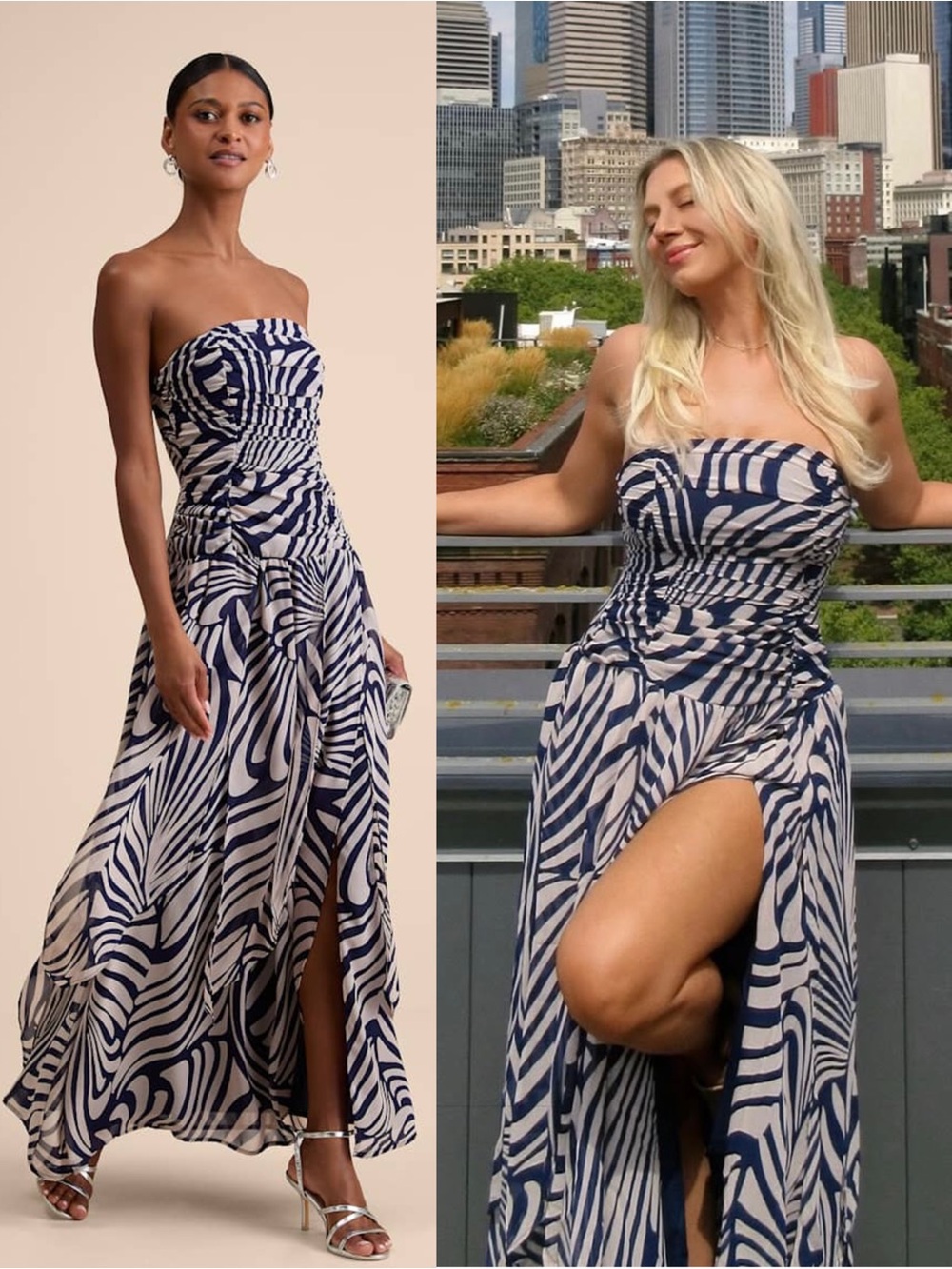 LULUS Abstract Print Chiffon Strapless Ruched Drop Waist Wedding Guest Dress S